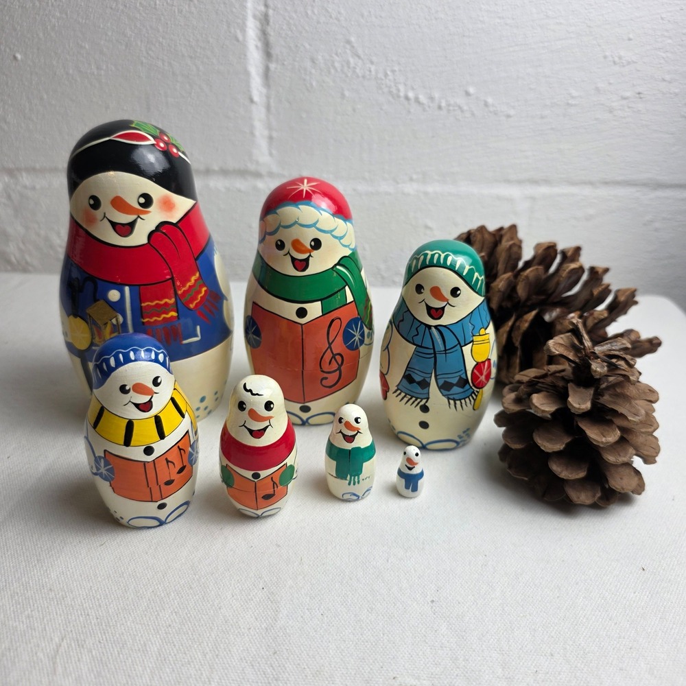 Vintage Snowman 7 Nesting Doll Set Hand Painted Wooden Belarus Christmas Winter